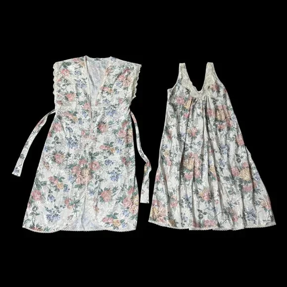 Vintage Nightgown Robe Set 1980s Dreamtime USA Floral Lace Trim Pastel Med? READ - Picture 3 of 10